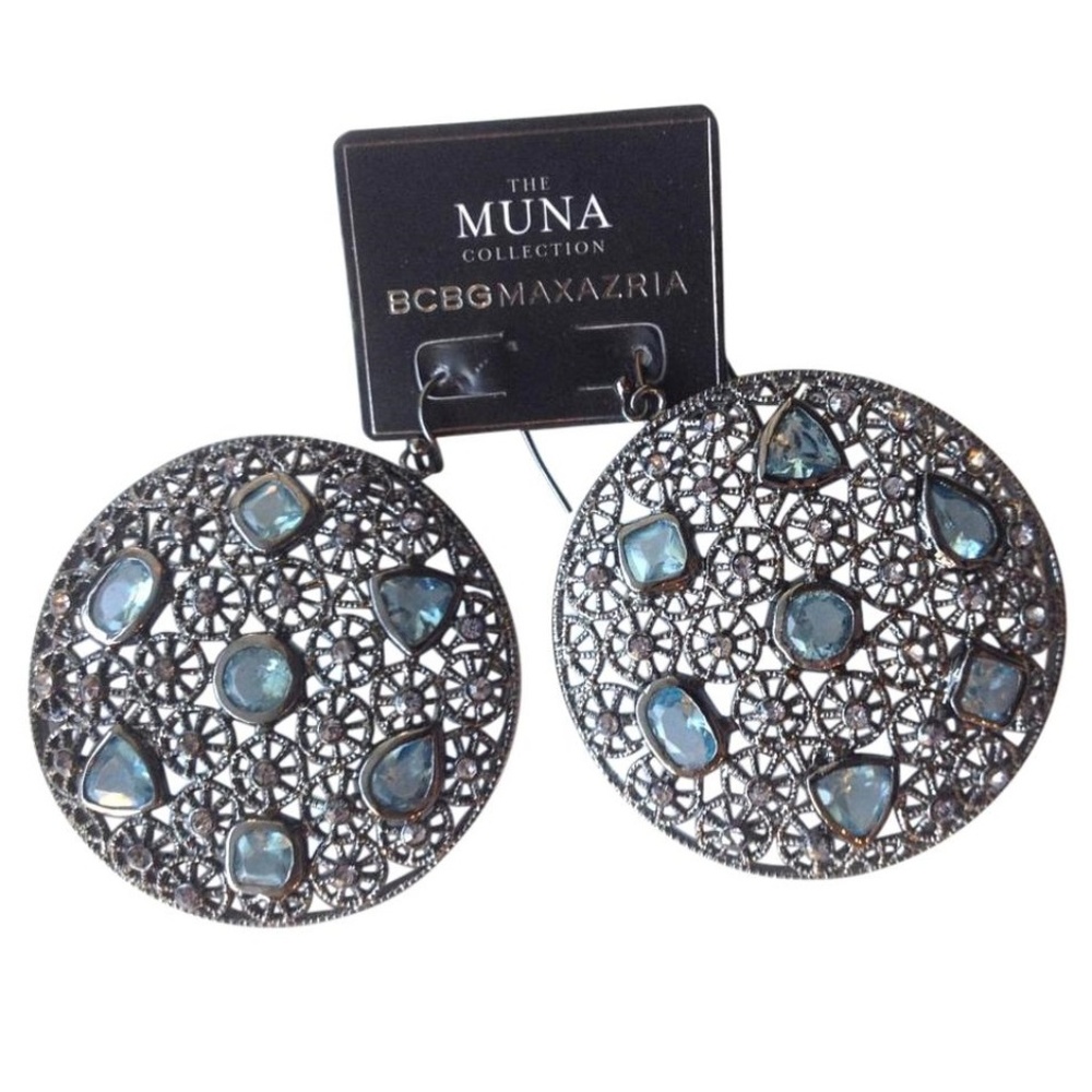 BCBG EARRINGS BOHO STYLE ROUND CIRCLE TEAL GEM ART